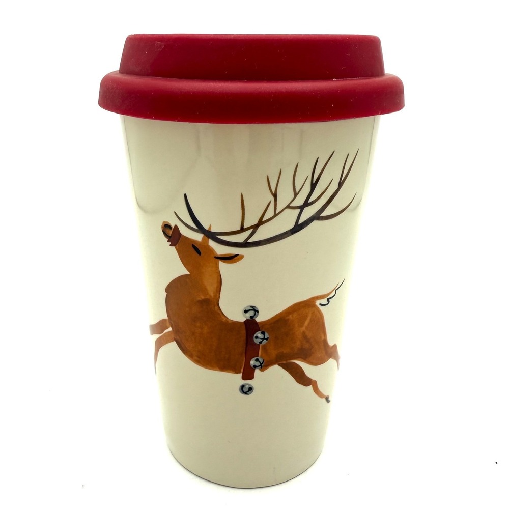 Longaberger Reindeer Ceramic‎ Travel Mug with Lid Christmas Holiday